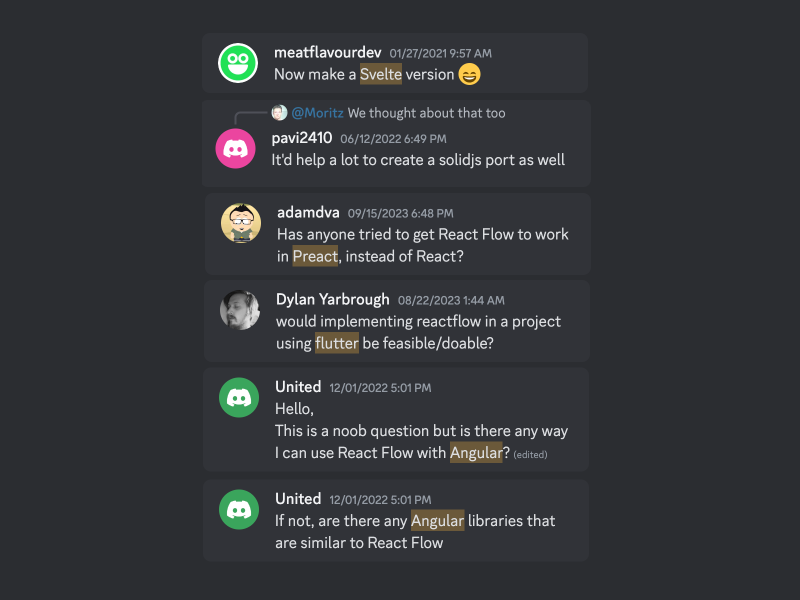 A collection of messages on discord where people ask us to port React Flow to other front-end frameworks like solidjs, svelte, preact, flutter, and angular.