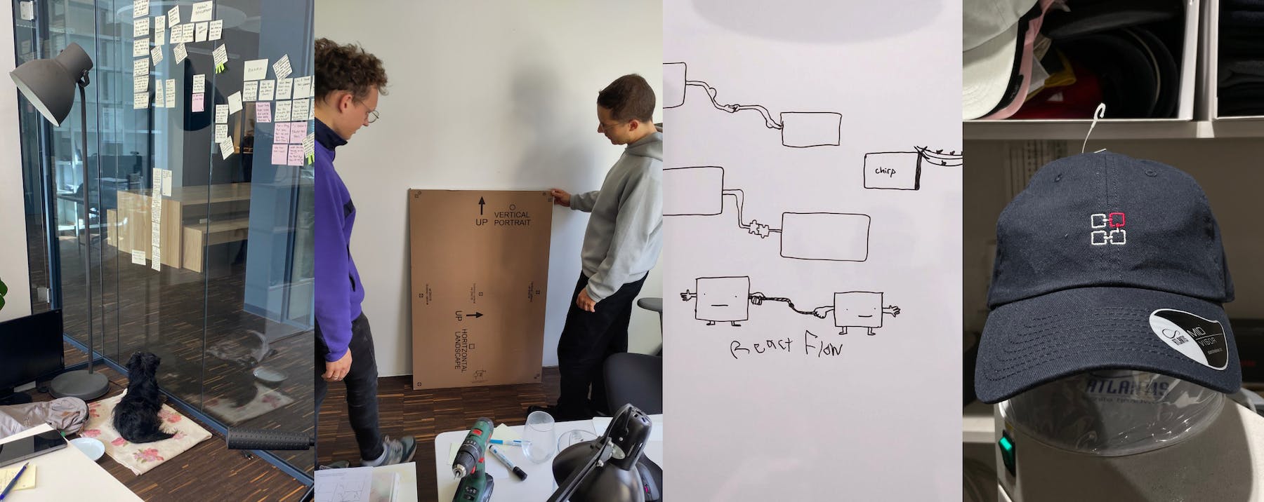 Pictures of a dog in an office, Christopher and Moritz looking at a whiteboard cardboard template, whiteboard sketches, and a hat with the React Flow logo 