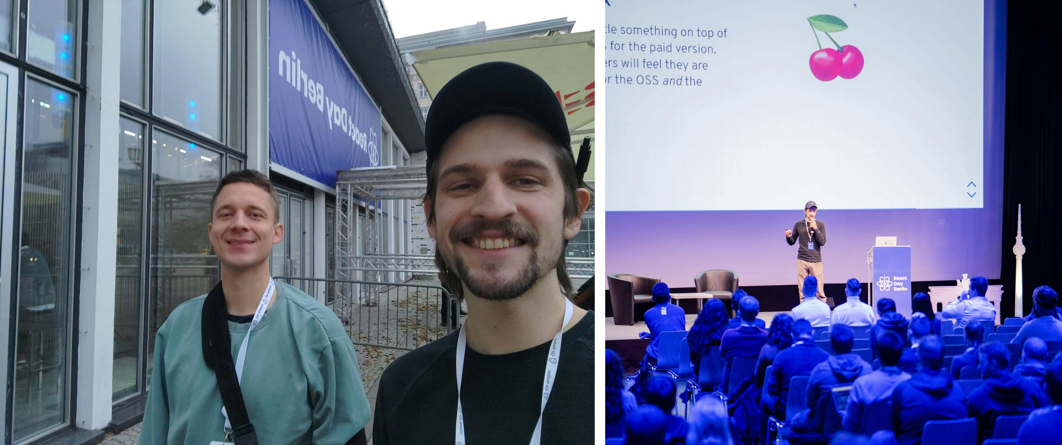 John standing in front of a crowd of people giving a presentation, and a selfie of Moritz and John standing outside the React Day conference building